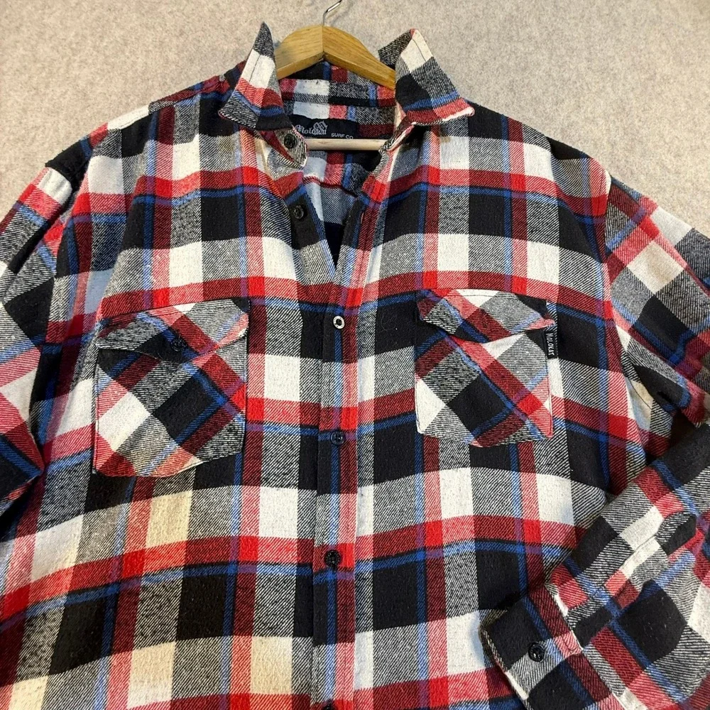 Molokai Surf Co Men XL Flannel Shirt Red White Black Plaid Long Sleeve Button Up